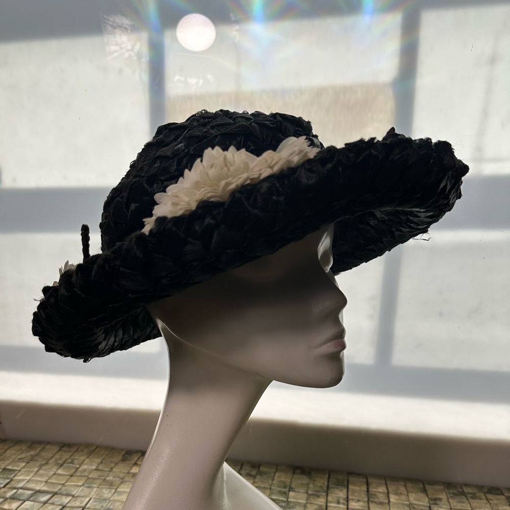 Vintage Lord & Taylor Black Hat with Cream Floral Detail